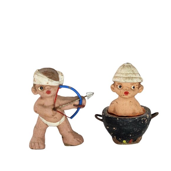 Spanish Mude People Miniature Figurines Cooking Cauldron Bow Arrow Terracotta - Picture 1 of 6